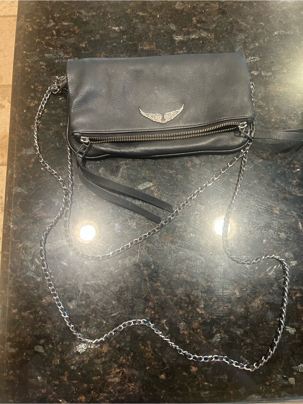 Zadig & Voltaire Black Leather Chain Crossbody with Silver Wing Emblem - Picture 6 of 15
